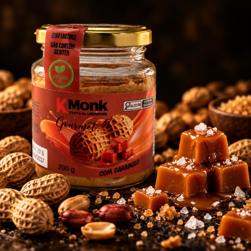 Pote de pasta de amendoim gourmet K Monk Caramelo Vegan de 200 g